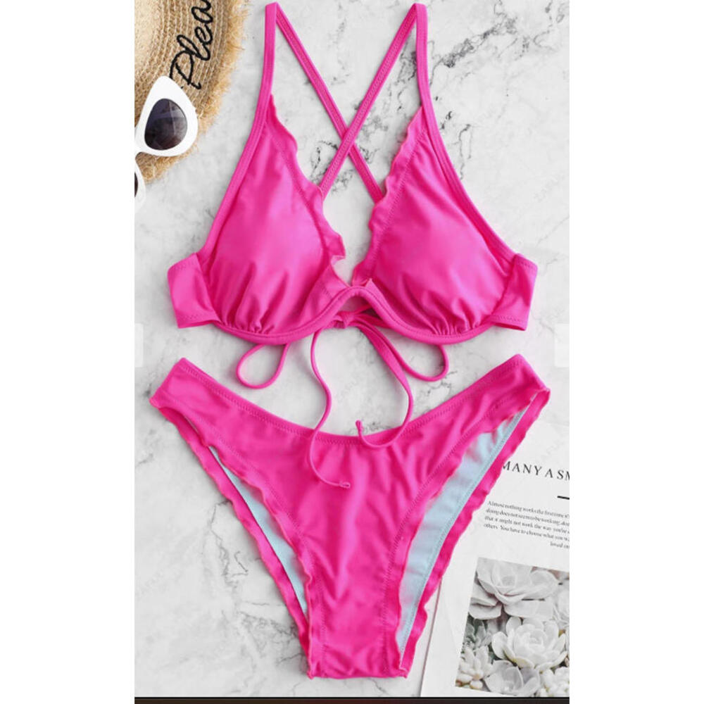 ZAFUL Lettuce Trim Underwire Criss Cross Bikini Swimsuit - Neon‎ Pink M